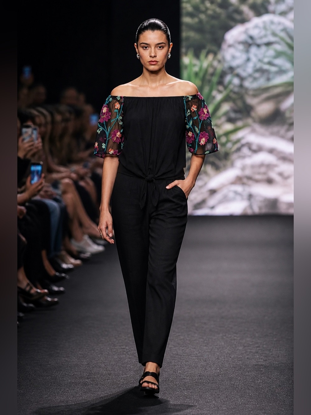 Off shoulder with Embroidered Floral Sleeves top.